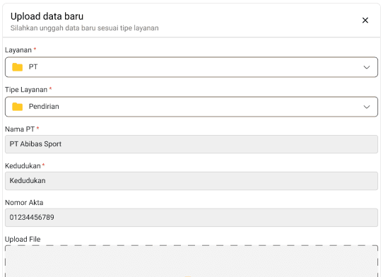 Preview form upload dokumen layanan notaris