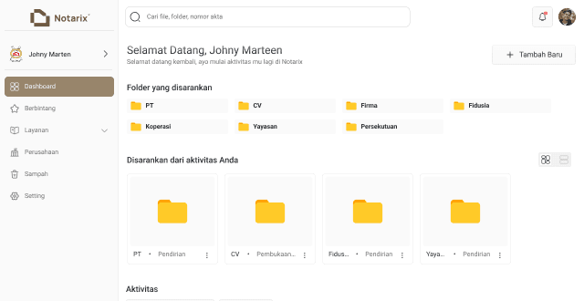 Preview dashboard Notarix untuk pengelolaan jobfile dan aktivitas